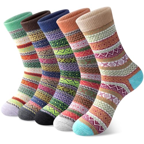 RoToTo Pack of 5 Womens Vintage Style Cotton Knitting Wool Warm Winter Fall Crew Socks, Mixed Color 1, One Size - fit shoe sizes from 5-10