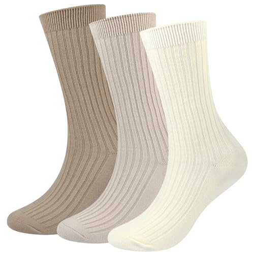 RoToTo Women Crew Socks Soft Cozy Dress Socks Youth Girls Casual Knit Fall Work Trouser Sock 3 Pairs(Beige+Light Khaki+Khaki, 6-10)