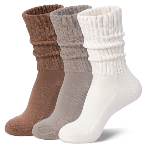 RoToTo Womens Slouch Crew Socks Cozy Cotton Retro Ribbed Calf Scrunch Boot Socks for Casual Athletic 3 Pairs Cream,Khaki,Brown M